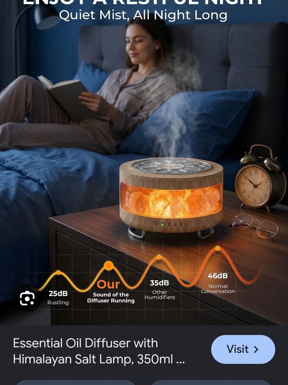 Essential Oil Diffuser with Himalayan Salt Lamp - Wood Grain Finish, Orange Glow